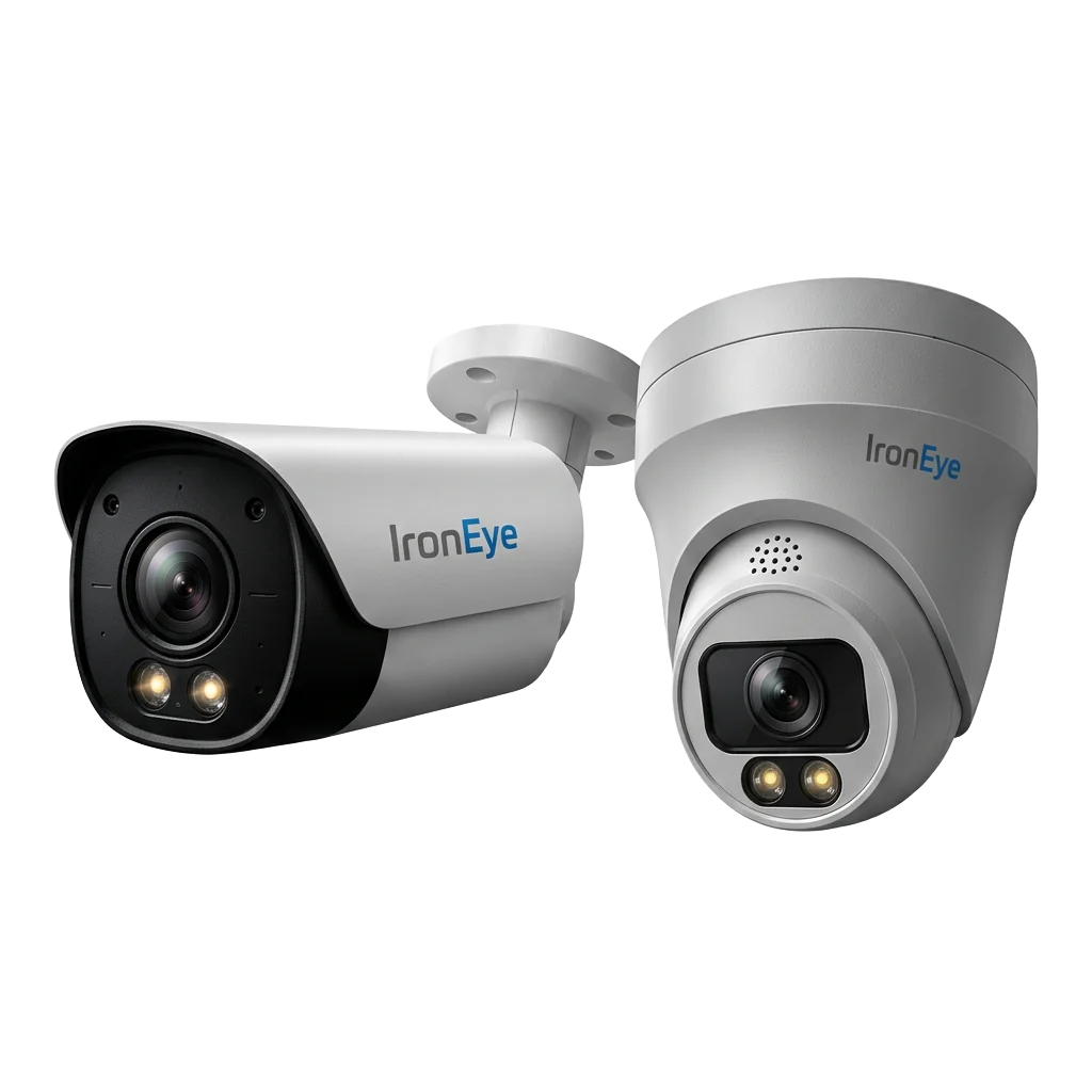 מצלמות האבטחה Iron Eye 6MP בתצורת צינור וכיפה עם לוגו החברה